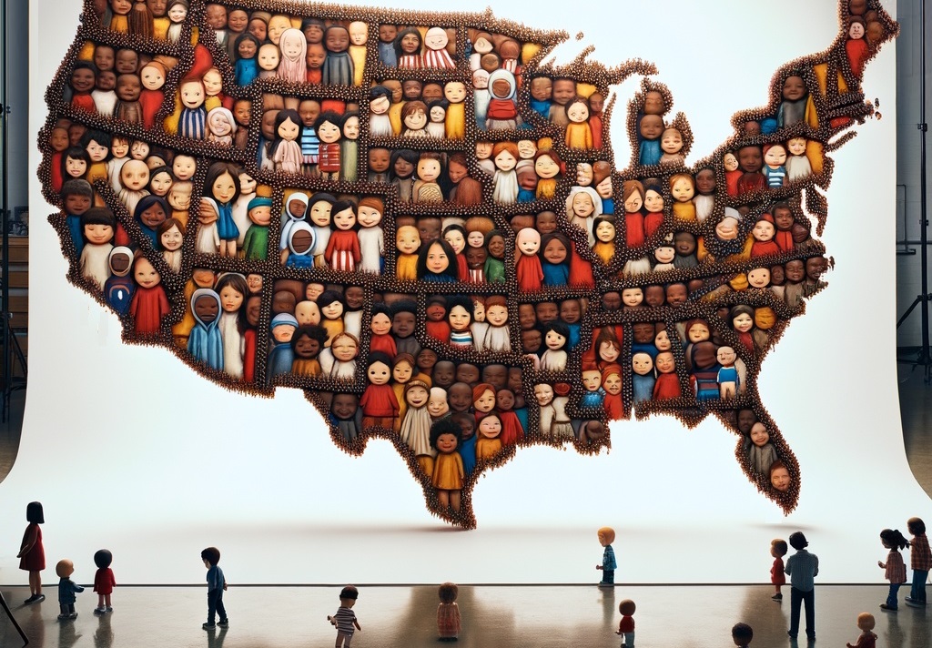 national foster care report: graphic of U.S. map projected on set screen with children in each state