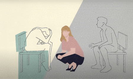 Homeless: Illustration of adult courching between 2 people sitting in chairs facng the femail sitting with head in hands