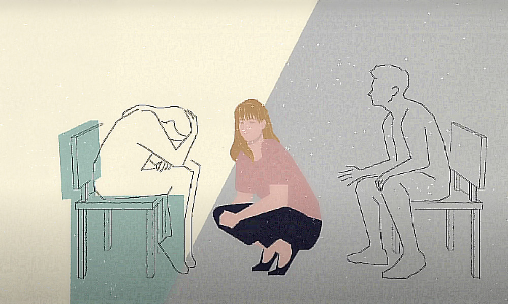 Homeless: Illustration of adult courching between 2 people sitting in chairs facng the femail sitting with head in hands
