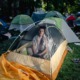 College protest photo essay: Young man with dark hair sits inside small yellow and white dome tent on a green grass lawn surrounded by similar tents and young adults