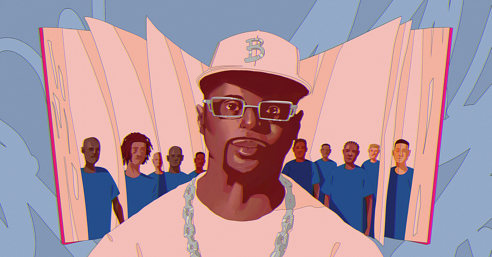 Juvenile justice writing inside: Colorful illustration of headshot Black man un baseball cap and t-shirt in front of large open book
