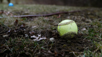 Long Covid — A yellowed softball sits on soggy grass surrounded by a few dead leaves.